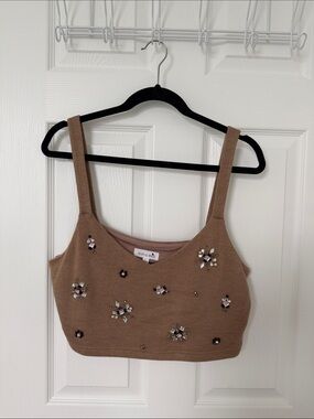 Anthropologie Tan Beaded Ribbed Crop Top